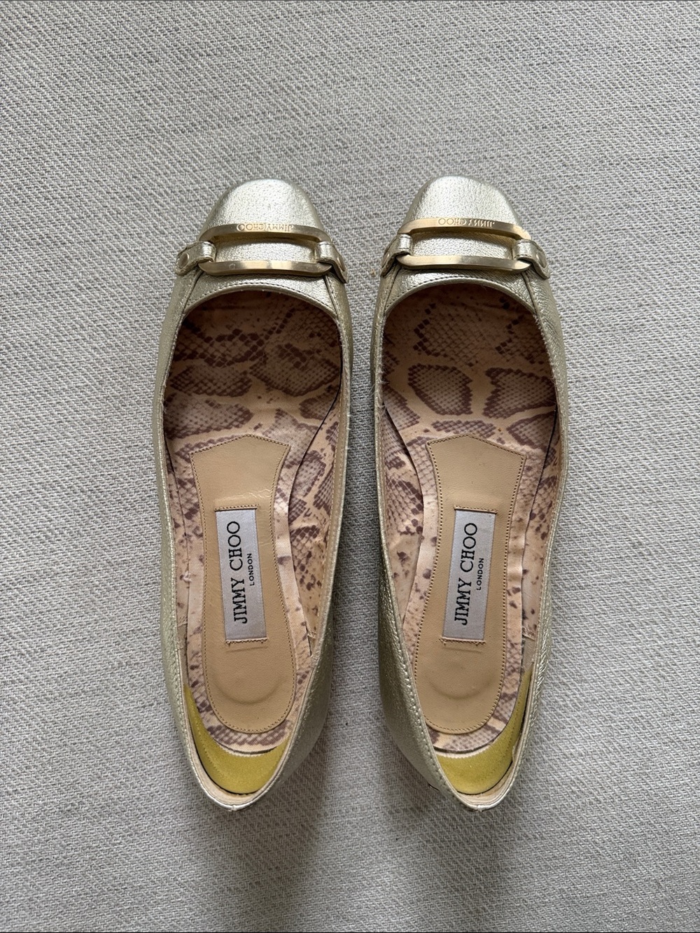 Authentic Jimmy Choo Metallic Gold Leather Ballet Flats with Buckle size 38